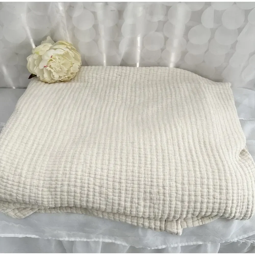 West Elm KING LINEN Cotton Gauze Quilt Blanket Beige European Flax LUXURIOUS